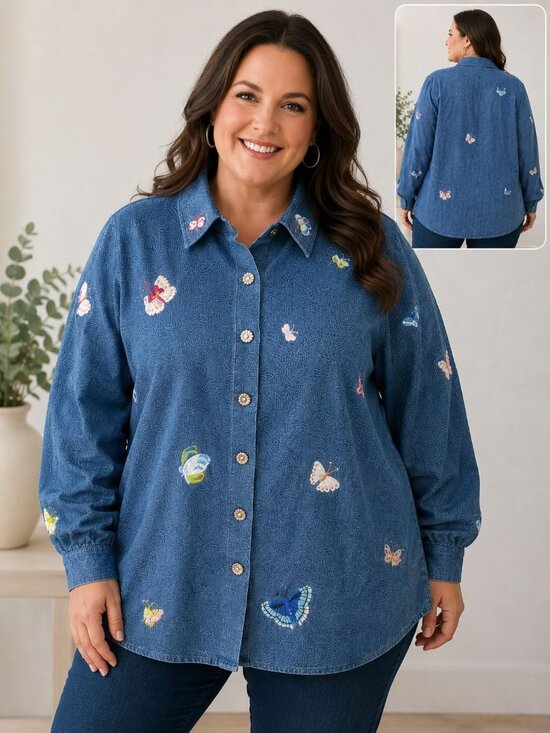 Susan Graver Tops - Susan Graver Western Blue Butterfly Embroidered Denim Long Sleeve Top Size 3X